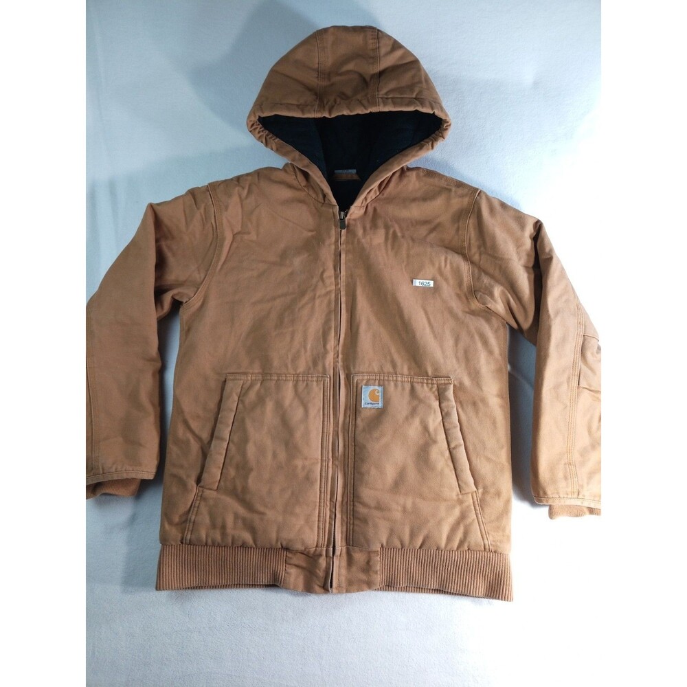 Carhartt Youth L Brown Hooded Duck Jacket Fleece Lined Active Zip Workwear 14 16